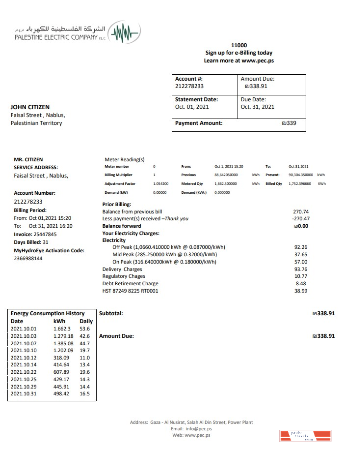 Palestine Electric Company (PEC) utility bill template in Word and PDF format